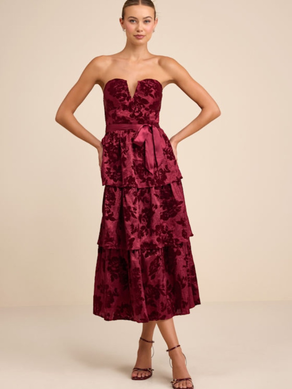 NWT Lulus Dorina Burgundy Shadow Print Strapless Tiered Midi Dress - Size L